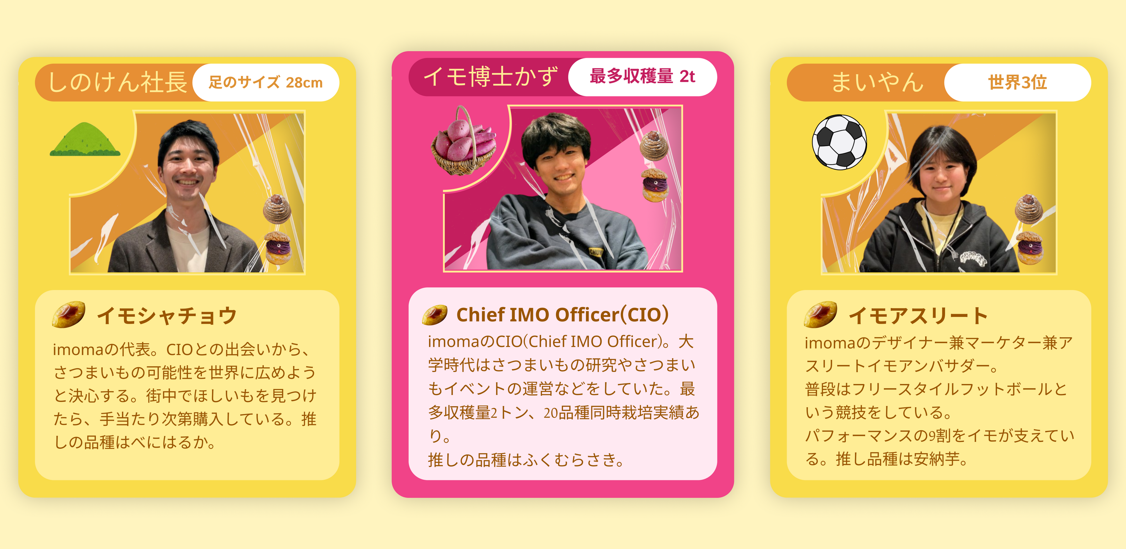 しのけん社長 
足のサイズ 28cm 
イモシャチョウ
imomaの代表。CIOとの出会いから、さつまいもの可能性を世界に広めようと決心する。街中でほしいもを見つけたら、手当たり次第購入している。推しの品種はべにはるか。

イモ博士かず
最多収穫量 2t
Chief IMO Officer(CIO)
imomaのCIO(Chief IMO Officer)。大学時代はさつまいもの研究やさつまいもイベントの運営などをしていた。最多収穫量2トン、20品種同時栽培実績あり。
推しの品種はふくむらさき。

まいやん
世界3位
イモアスリート
imomaのデザイナー兼マーケター兼アスリートイモアンバサダー。
普段はフリースタイルフットボールという競技をしている。 パフォーマンスの9割をイモが支えている。推し品種は安納芋。