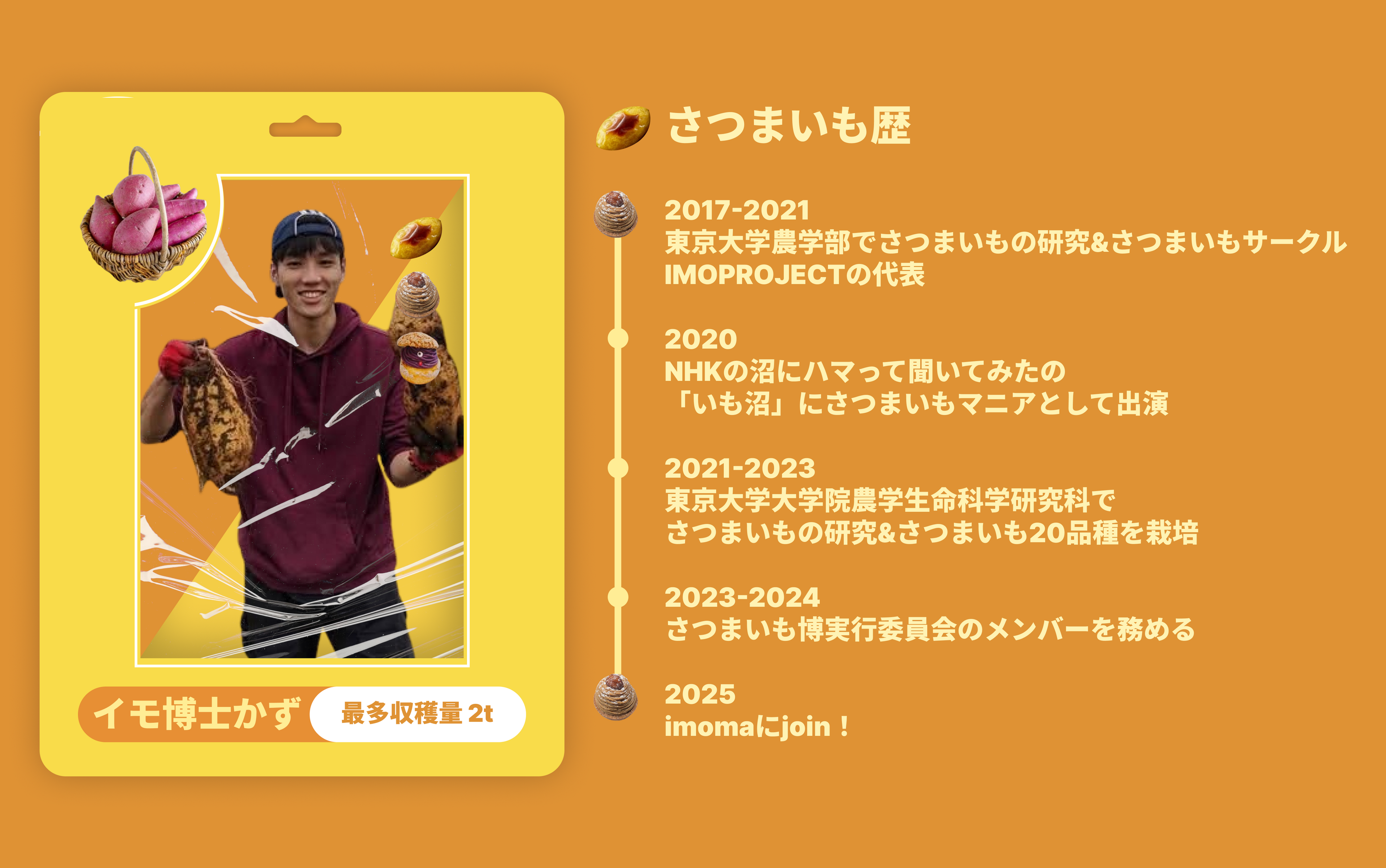 イモ博士かず
さつまいも歴
2017-2021  東京大学農学部でさつまいもの研究&さつまいもサークル
IMOPROJECTの代表

2020  NHKの沼にハマって聞いてみたの
「いも沼」にさつまいもマニアとして出演

2021-2023  東京大学大学院農学生命科学研究科で
さつまいもの研究&さつまいも20品種を栽培

2023-2024  さつまいも博実行委員会のメンバーを務める

2025  imomaにjoin！