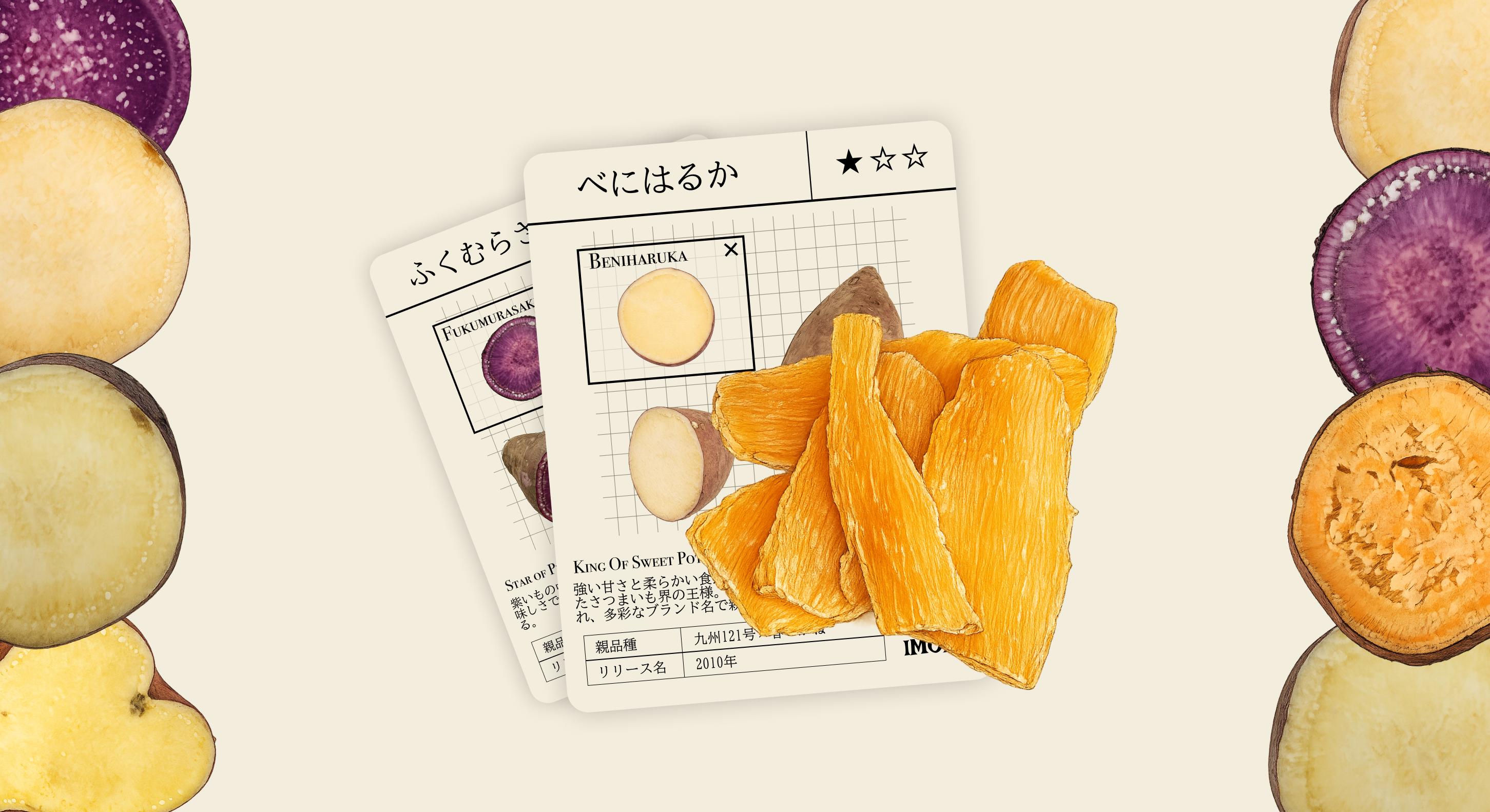 ほしいも図鑑のカード（べにはるかとふくむらさき）とほしいもの画像